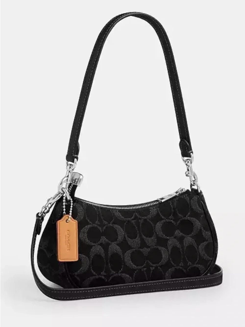 Coach Black Signature denim Shoulder Bag with Tan Leather Tag